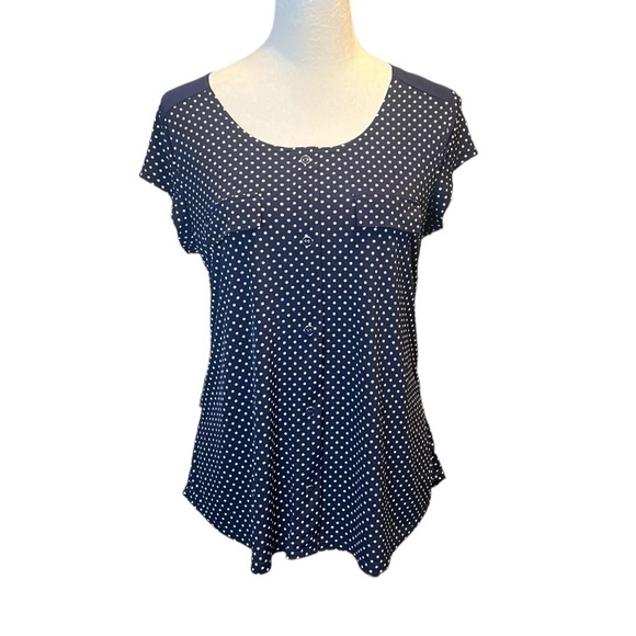 Diana Bell Tops - Diana Belle dark navy and white polka dot stretchy shirt size small EUC